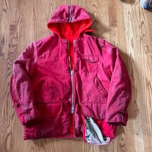 Men's Vintage 70's Red Fleece Lined Heavy Winter Work Distressed Jacket Coat XL